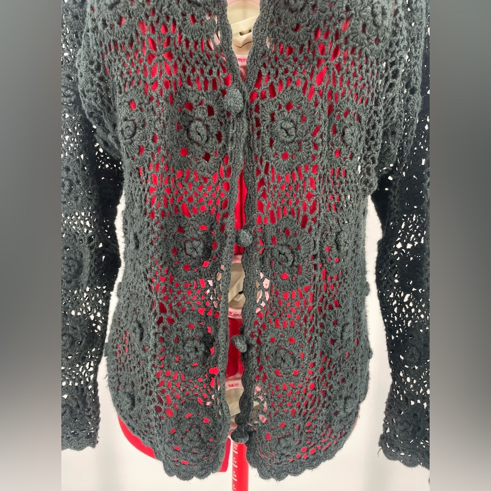 Vintage Hand Knit Gothic Black Floral Crocheted Cardigan Sweater / Open Knit - Picture 6 of 13